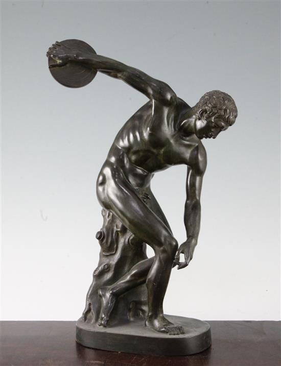 After the antique. A patinated bronze figure of Discobulus of Myron, or the discus thrower, 13.5in.